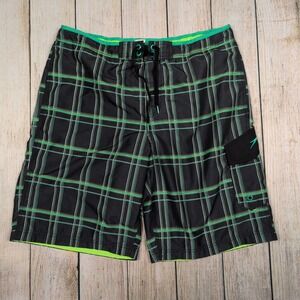 Speedo Plaid Swim Trunks Board Shorts with Pocket Black‎ Green Mens Large
